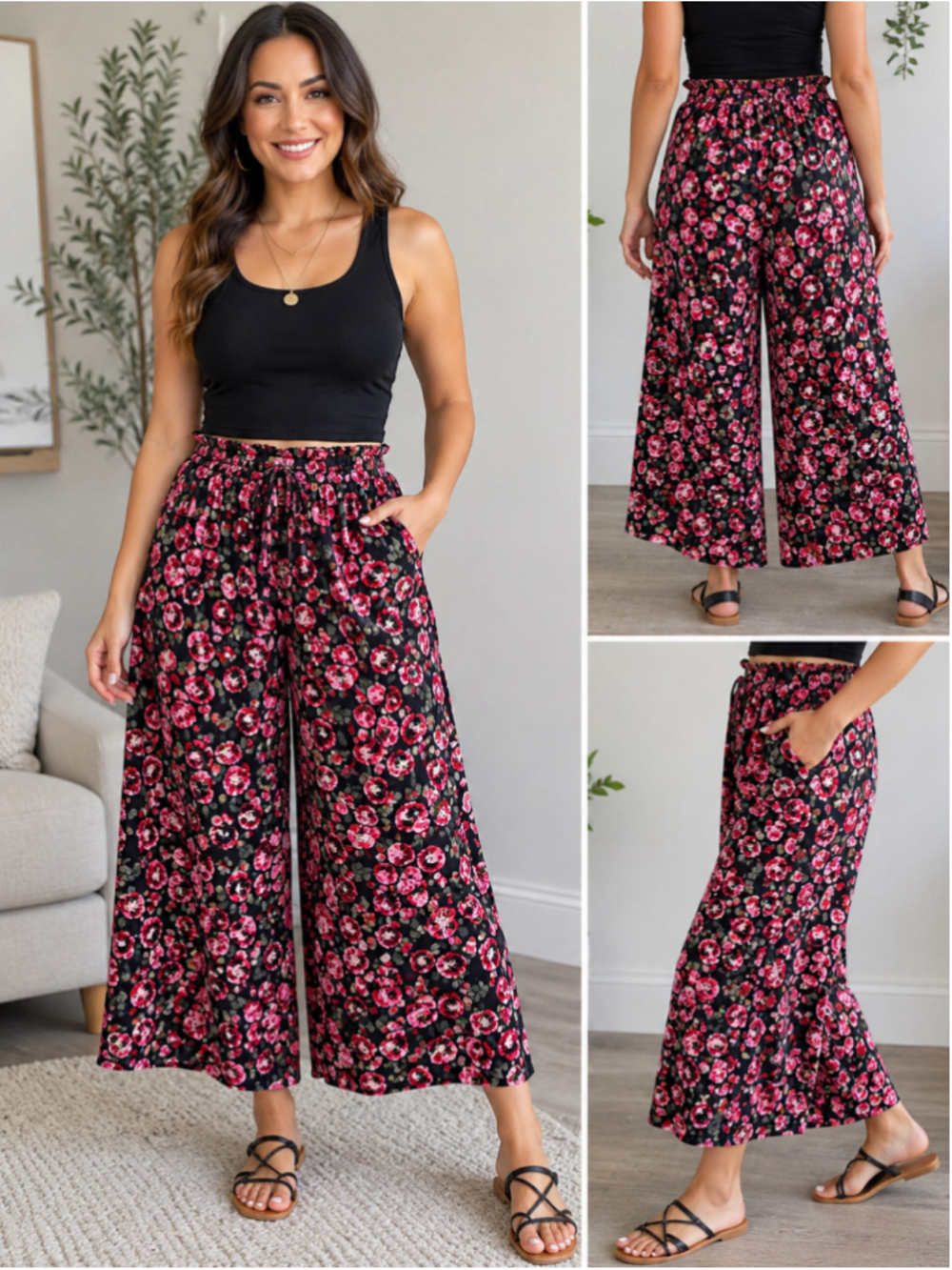 B My Story Women’s Large Pink Rose Floral Wide Leg Palazzo Pants